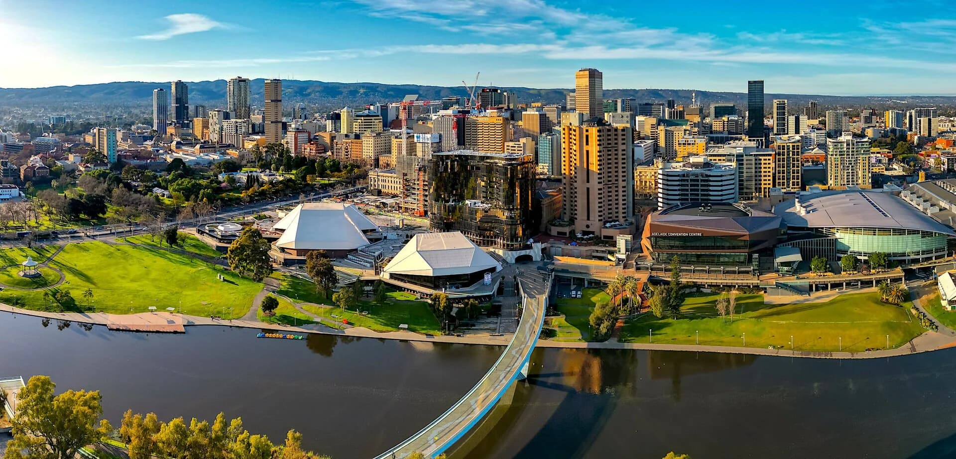 Adelaide skyline, River Torrens, and parklands seen from above in South Australia