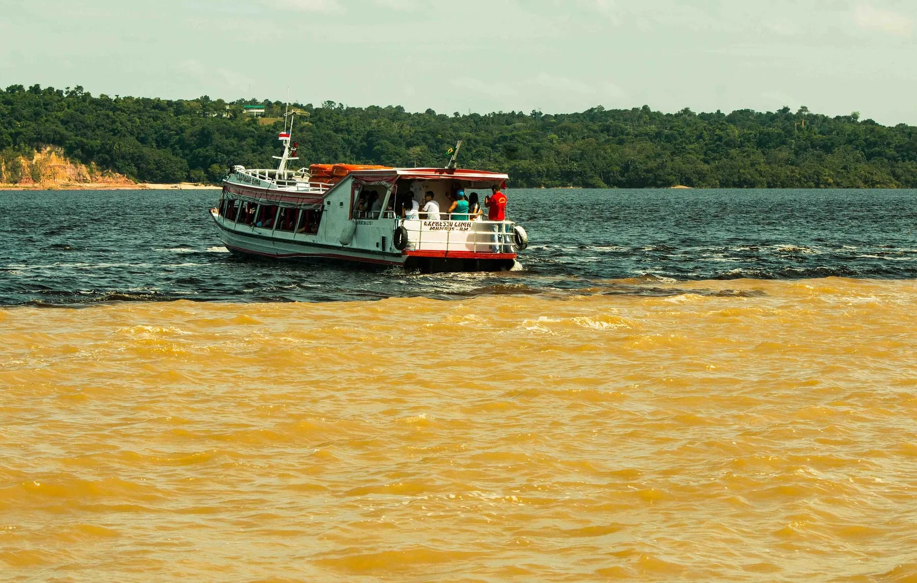 Dark Rio Negro water meeting the sandy-colored Solimões near Manaus, Brazil