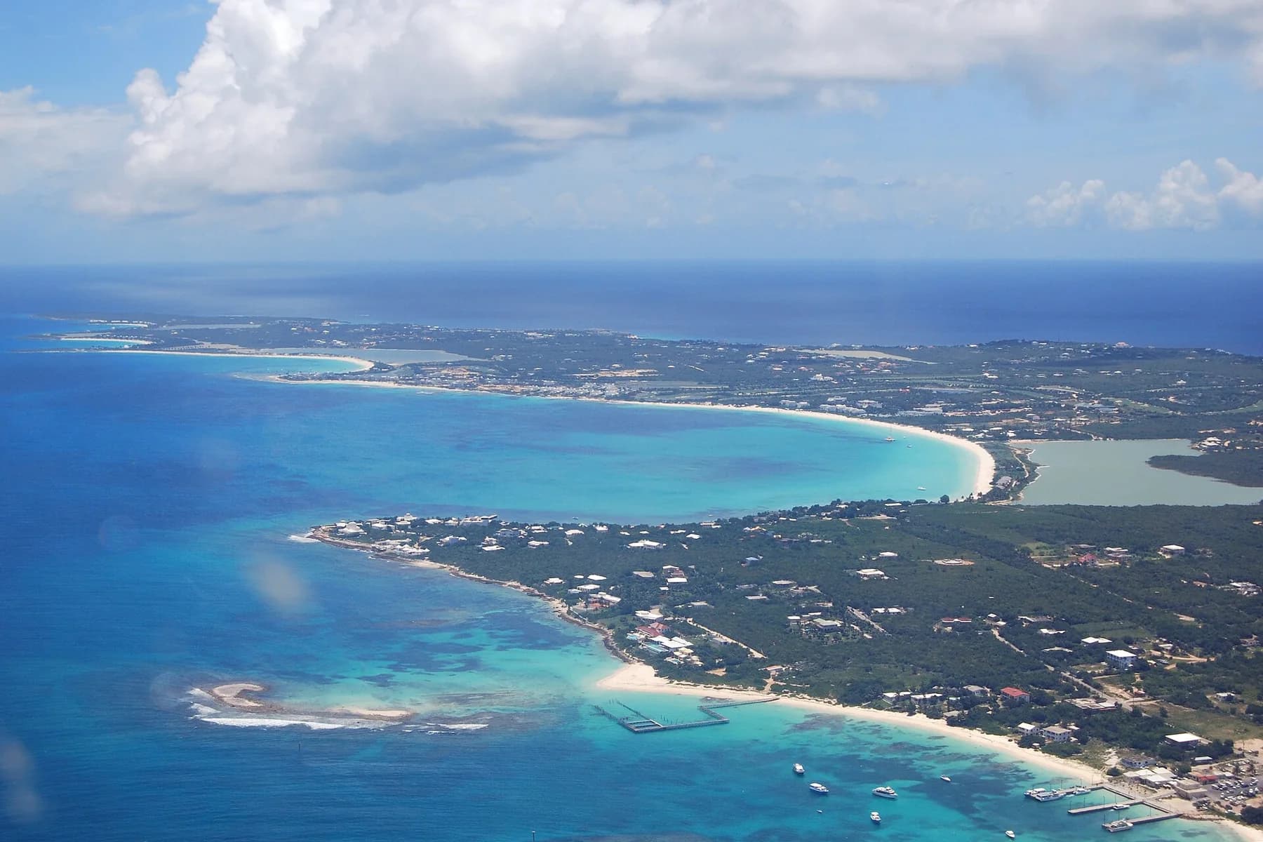 Aerial view of western Anguilla showing Rendezvous Bay, Cove Bay, and Maundays Bay