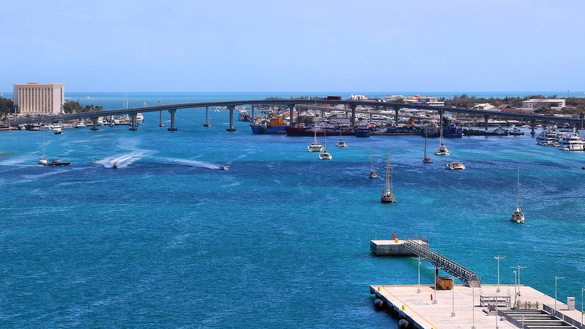 Nassau Harbor in Nassau, Bahamas, with boats and the waterfront viewed from the water