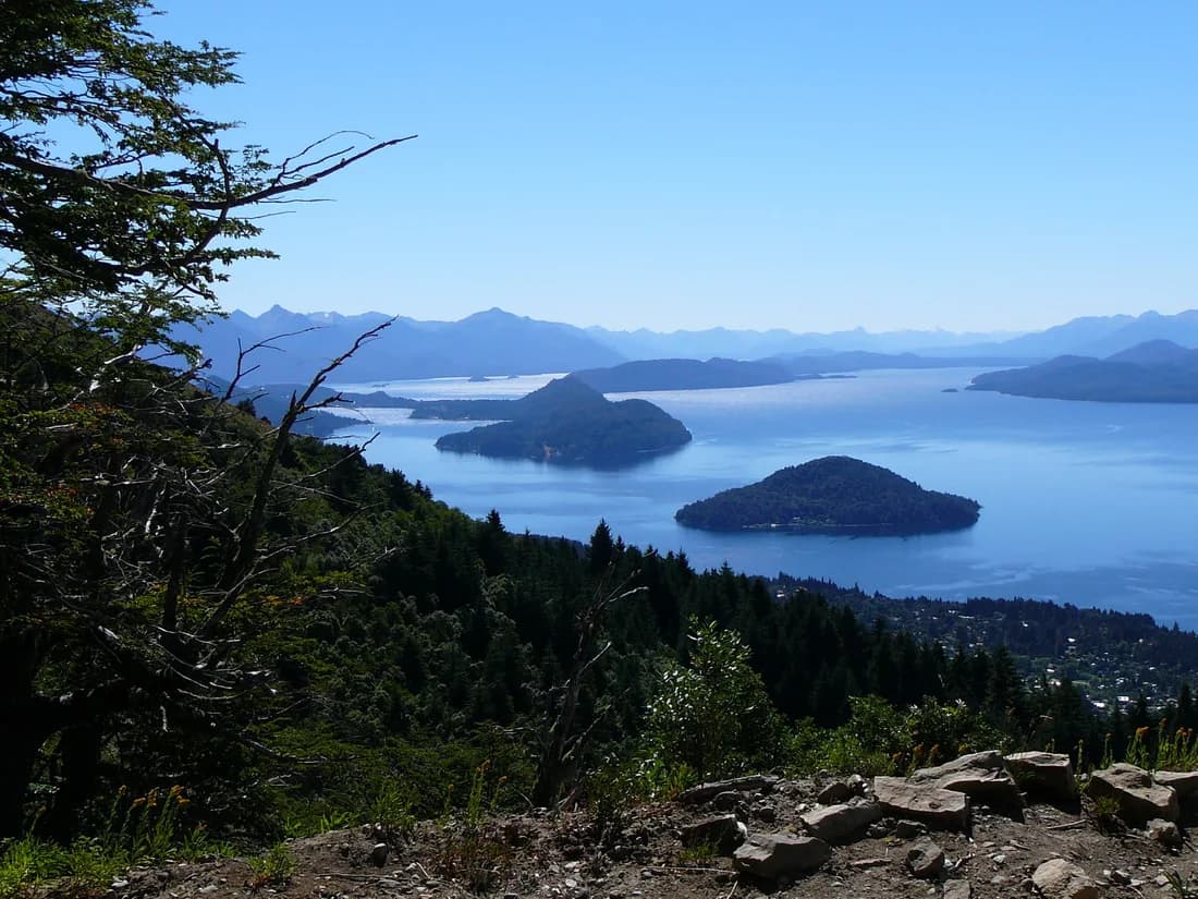 Islands and deep blue water on Lake Nahuel Huapi viewed from Cerro Otto