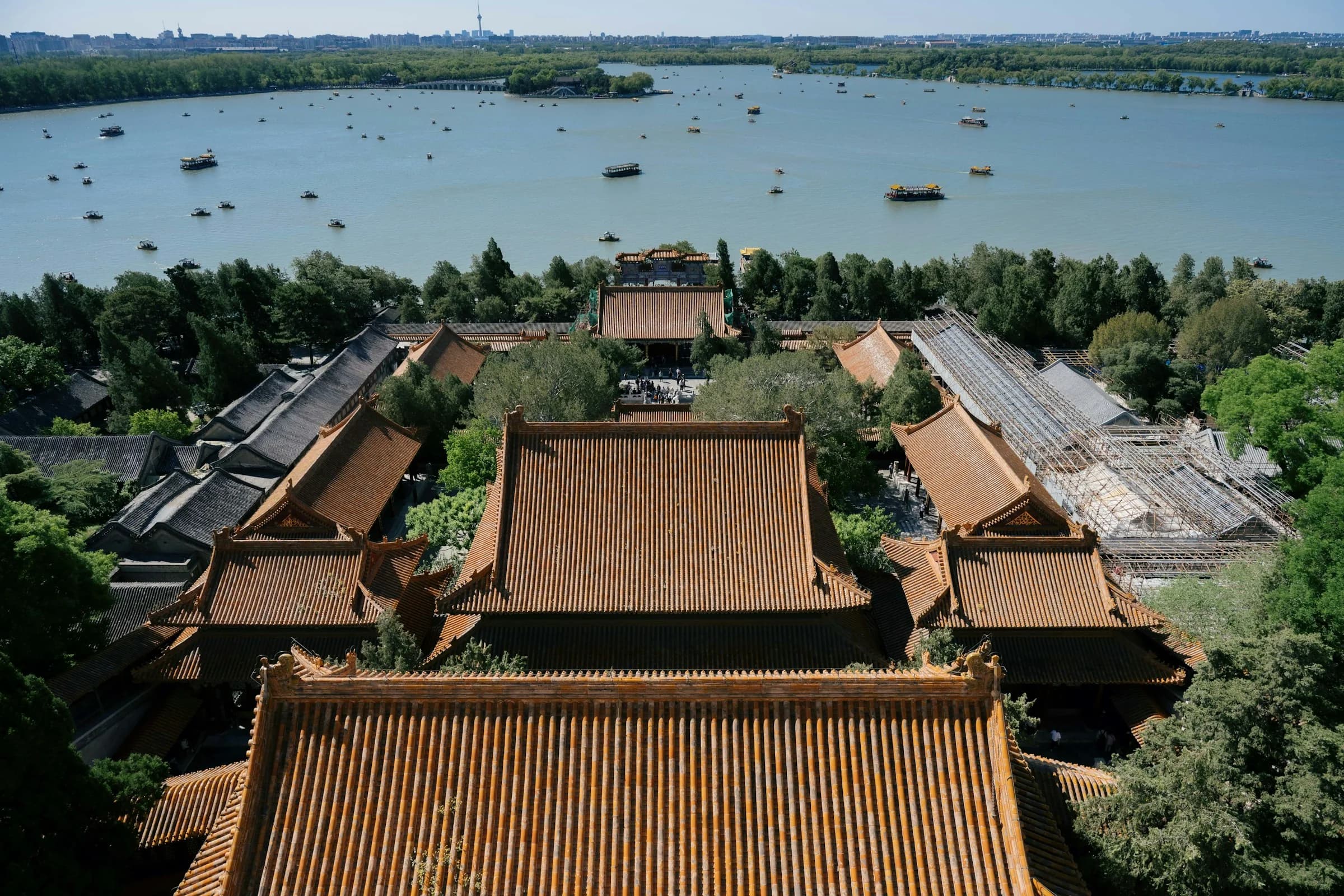 Aerial view of the Summer Palace roofs, gardens, and lake in Beijing