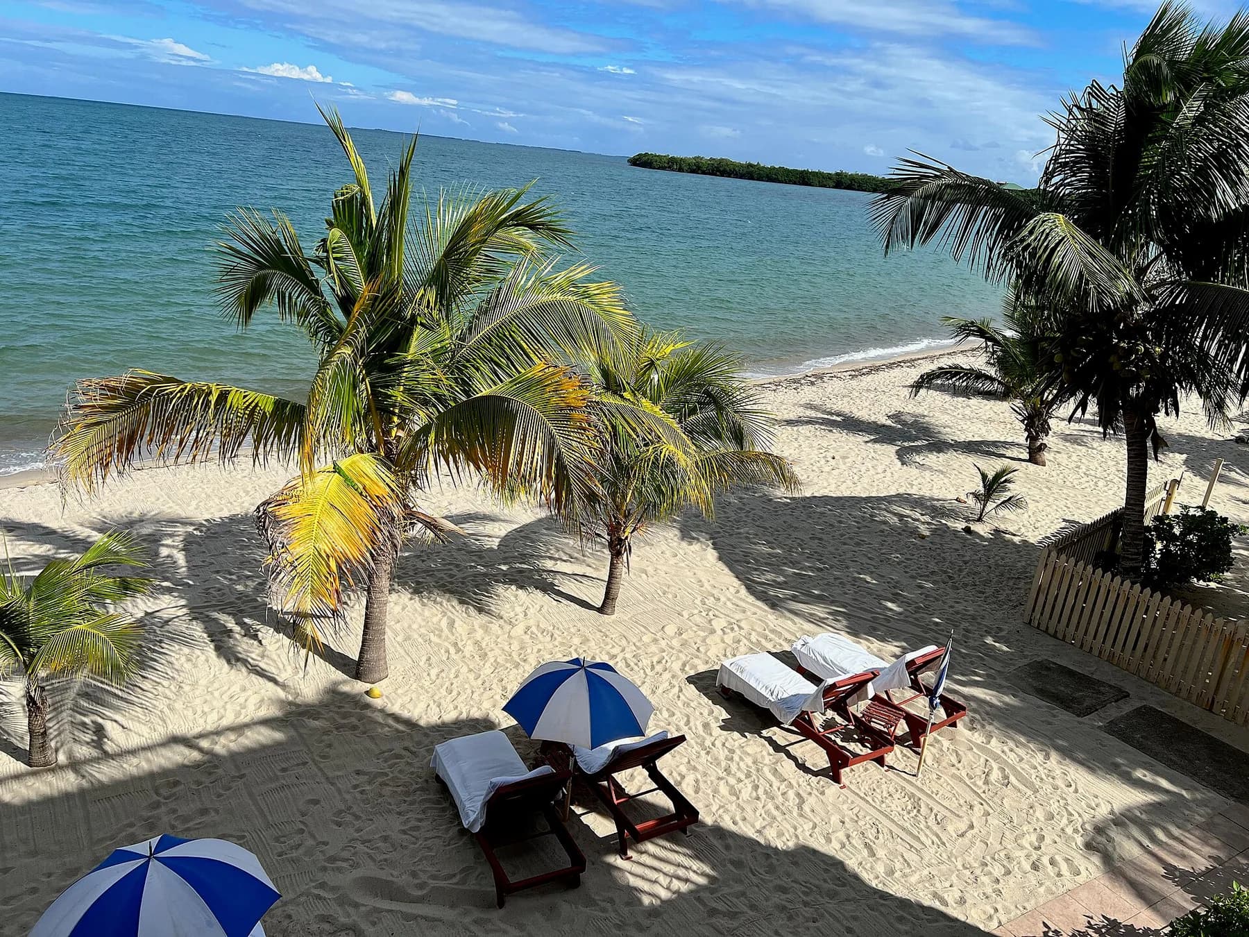 Palm trees, loungers, and calm water on a beach in Placencia, Belize