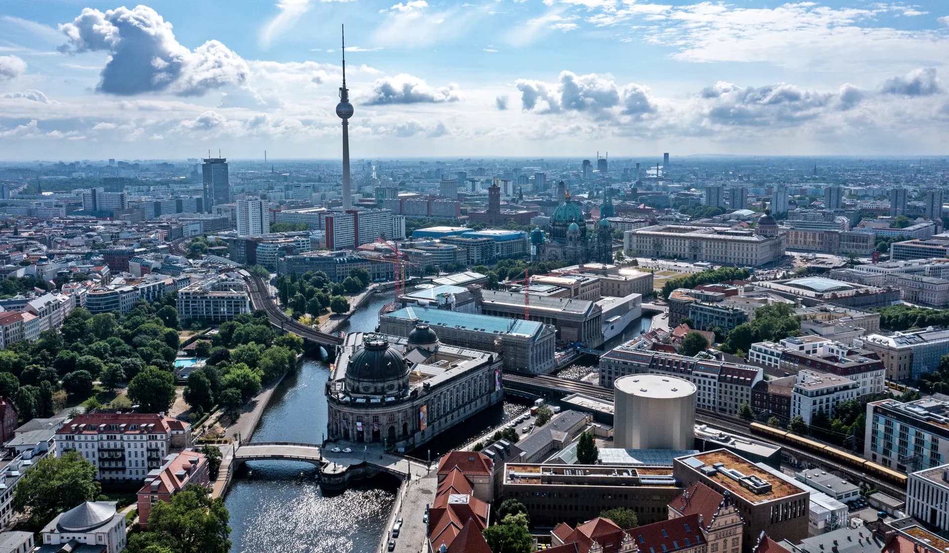 Aerial view of Berlin's Museum Island with the River Spree and TV Tower