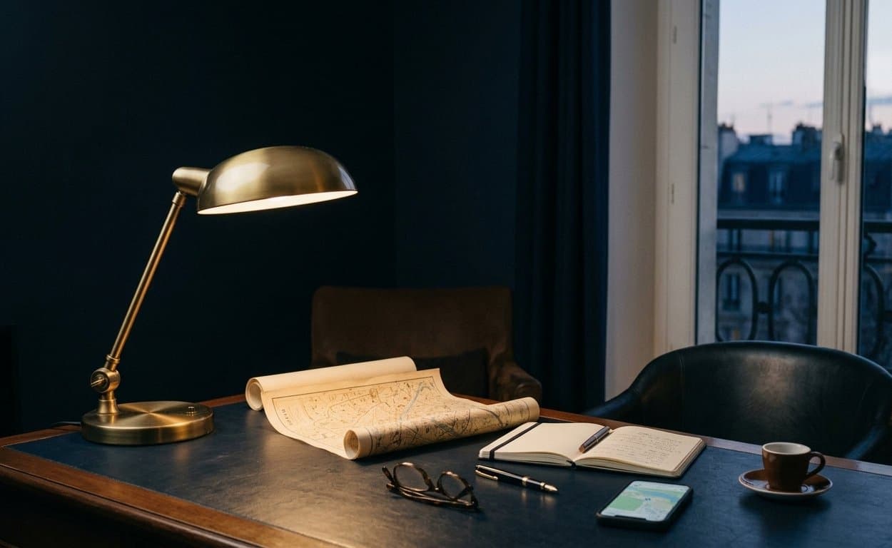A travel advisor's desk at evening: an open notebook, an unrolled map of Paris, warm lamp light