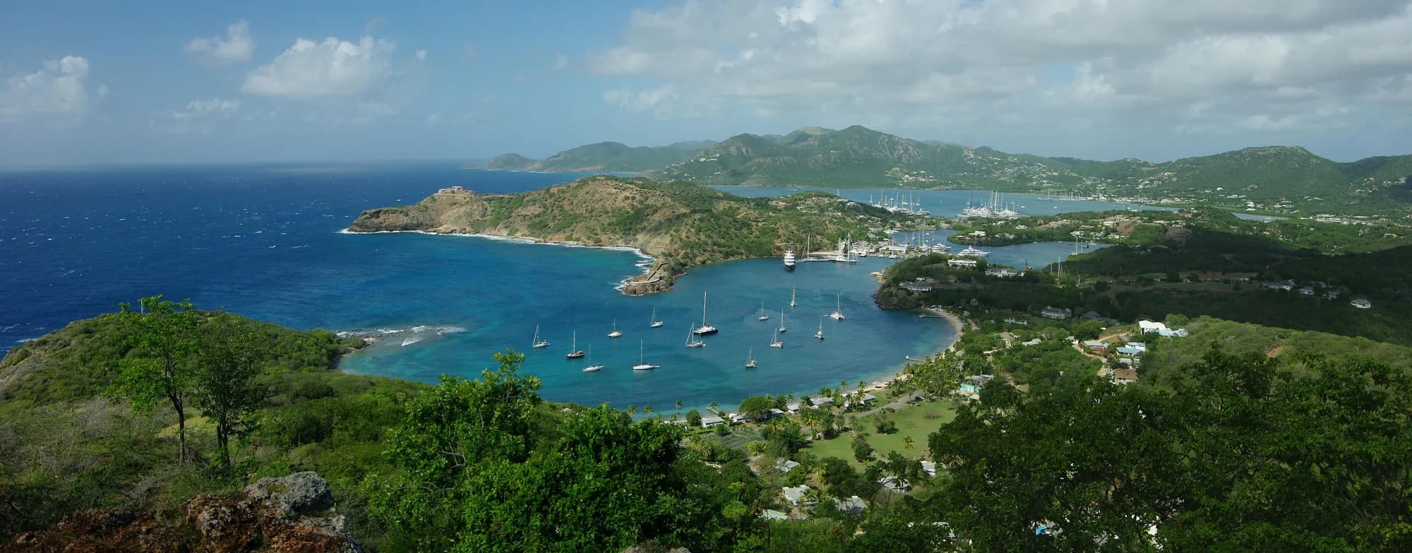Panoramic view from Shirley Heights over English Harbour and Falmouth Harbour in Antigua