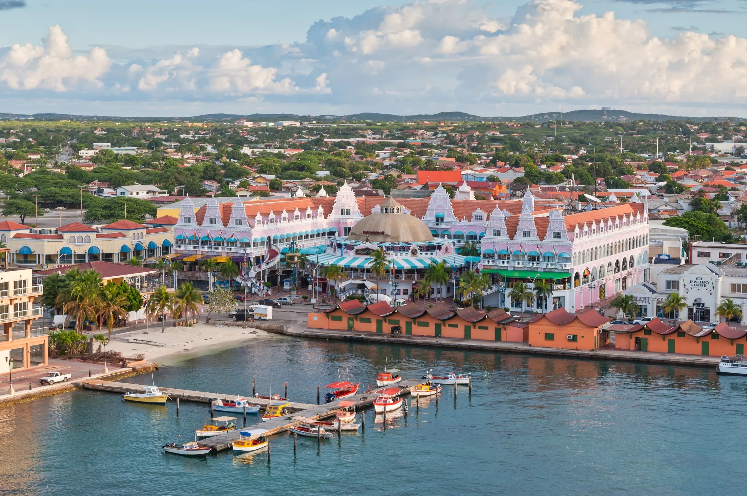 Colorful harborfront buildings and marina in Oranjestad, Aruba